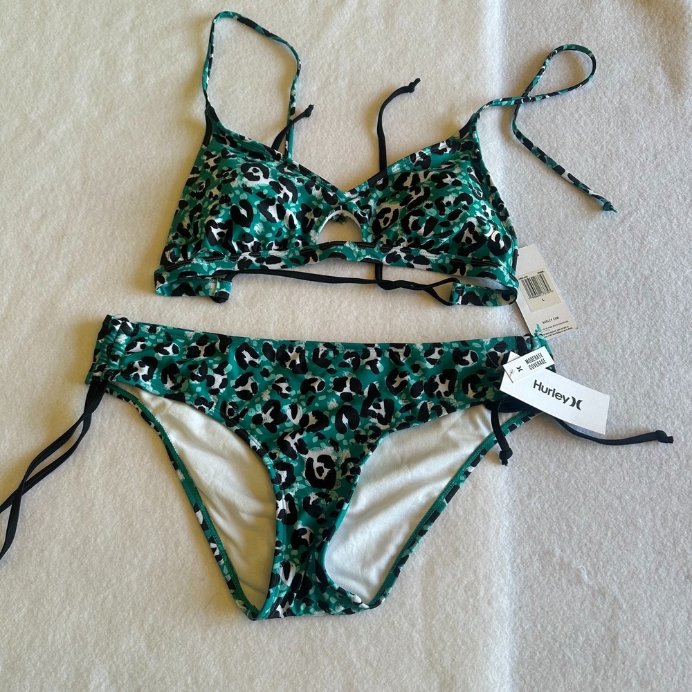 Hurley Leopard Bikini Set Womens Size L Green Self Tie Moderate Coverage NWT